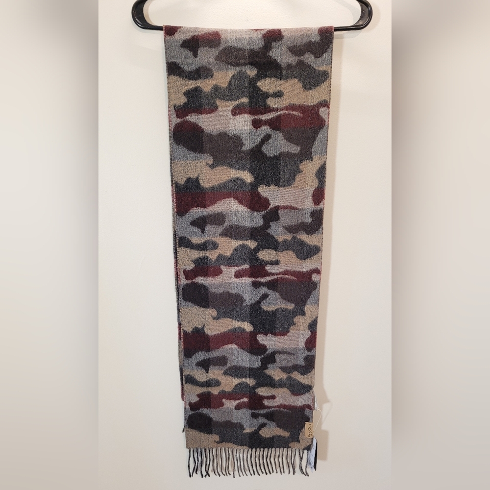 Fraas Camo Wool And Cashmere Fringe Scarf In Burgundy Beige Gray - NWT